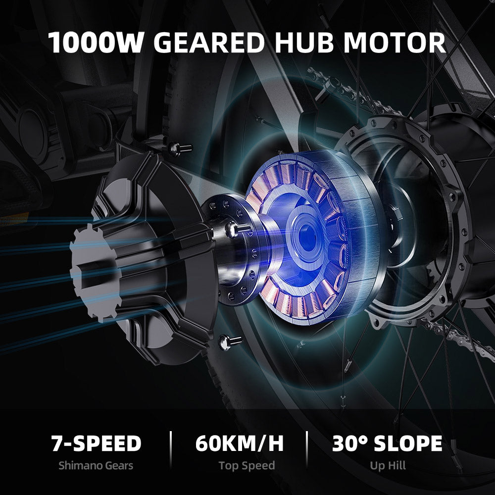 GUNAI-Y Electric Bike, 1000W Motor, 48V 18Ah Battery, 20*4.0-inch Fat Tires, 60km/h Max Speed, 100km Range, Hydraulic Disc Brake, Front & Rear Suspension, Shimano 7-Speed