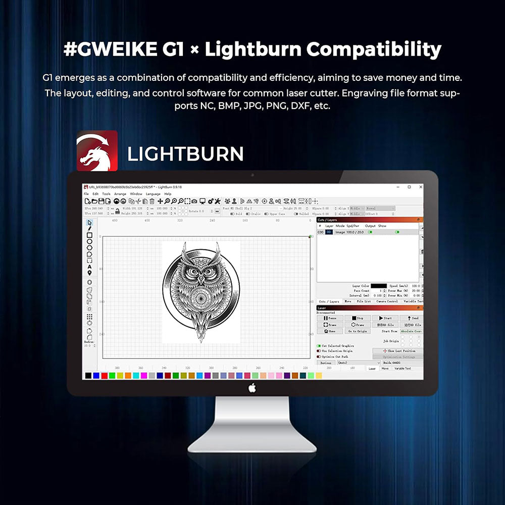 Gweike G1 10W Laser Engraver Cutter, Air Assist, 0.08x0.06mm Laser Spot, 400mm/s Speed, 0.01mm Engraving Accuracy, Support Lightburn, 410x310mm