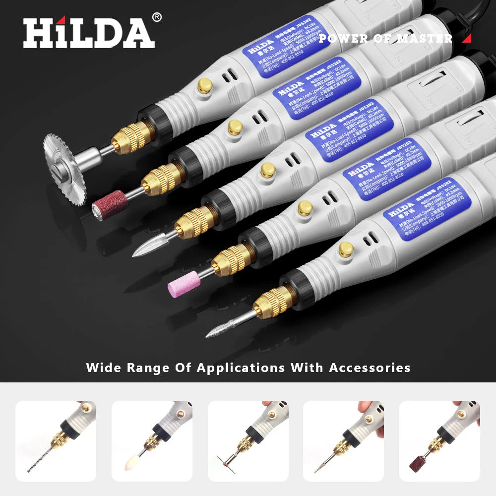 HILDA 18V gravírovacie pero Mini vŕtačka Rotačný nástroj s brúsnym príslušenstvom Set Multifunkčné mini gravírovacie pero