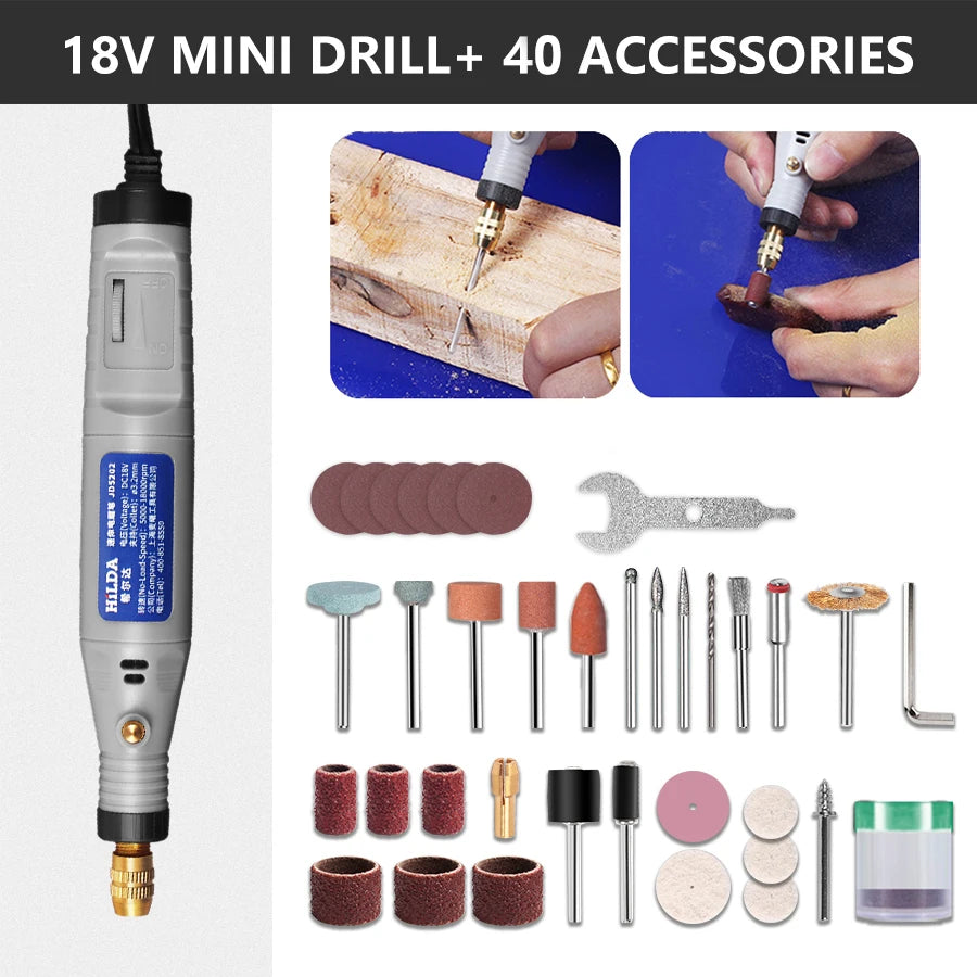 HILDA 18V gravírovacie pero Mini vŕtačka Rotačný nástroj s brúsnym príslušenstvom Set Multifunkčné mini gravírovacie pero