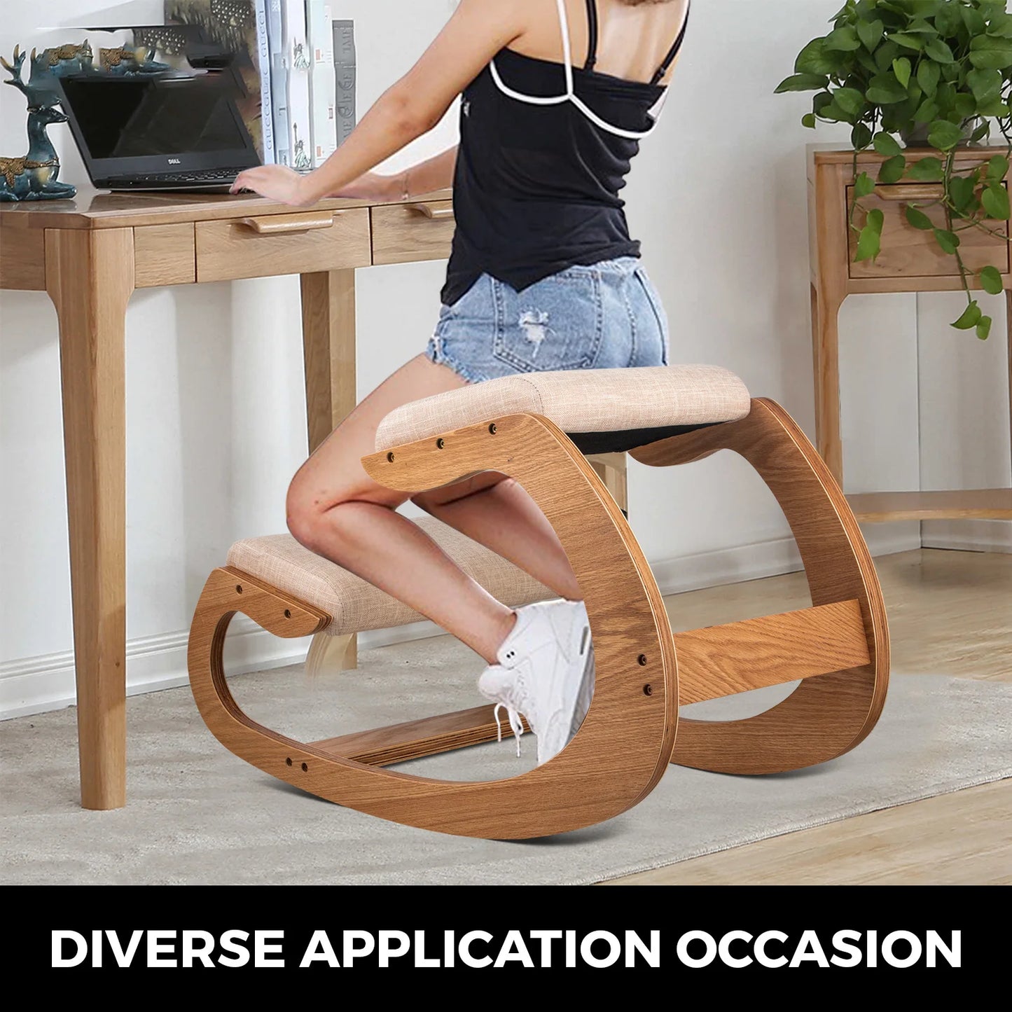 VEVOR Ergonomické hojdacie drevené stoličky na kolená Stolička Správna poloha Počítačová stolička Originálny nábytok do domácej kancelárie Hrubý vankúš