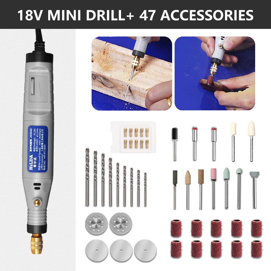HILDA 18V gravírovacie pero Mini vŕtačka Rotačný nástroj s brúsnym príslušenstvom Set Multifunkčné mini gravírovacie pero