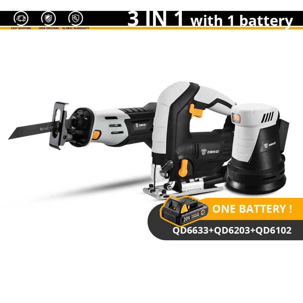 Akumulátorová priamočiara píla DEKO 20V s nastaviteľnou rýchlosťou s batériou a 4-dielnymi čepeľami Elektrické náradie