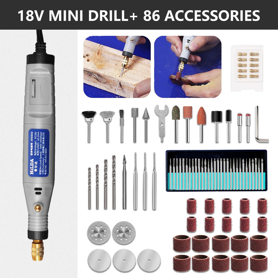 HILDA 18V gravírovacie pero Mini vŕtačka Rotačný nástroj s brúsnym príslušenstvom Set Multifunkčné mini gravírovacie pero