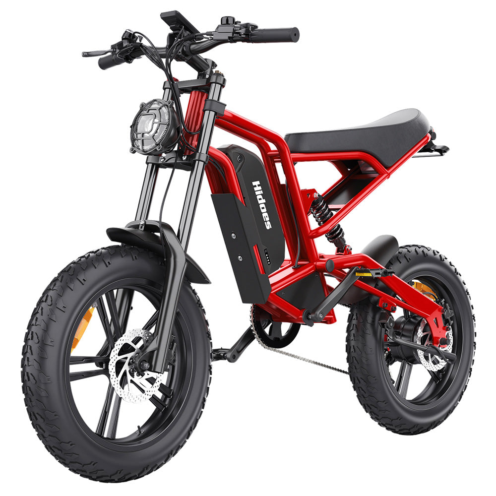 Hidoes B6 Electric Bike, 1200W Motor, 48V 15Ah Battery, 20"x4" Fat Tires, 50km/h Max Speed, 75km Range, Front & Rear Oil Disc Brakes, Hydraulic Shock Absorber - Red