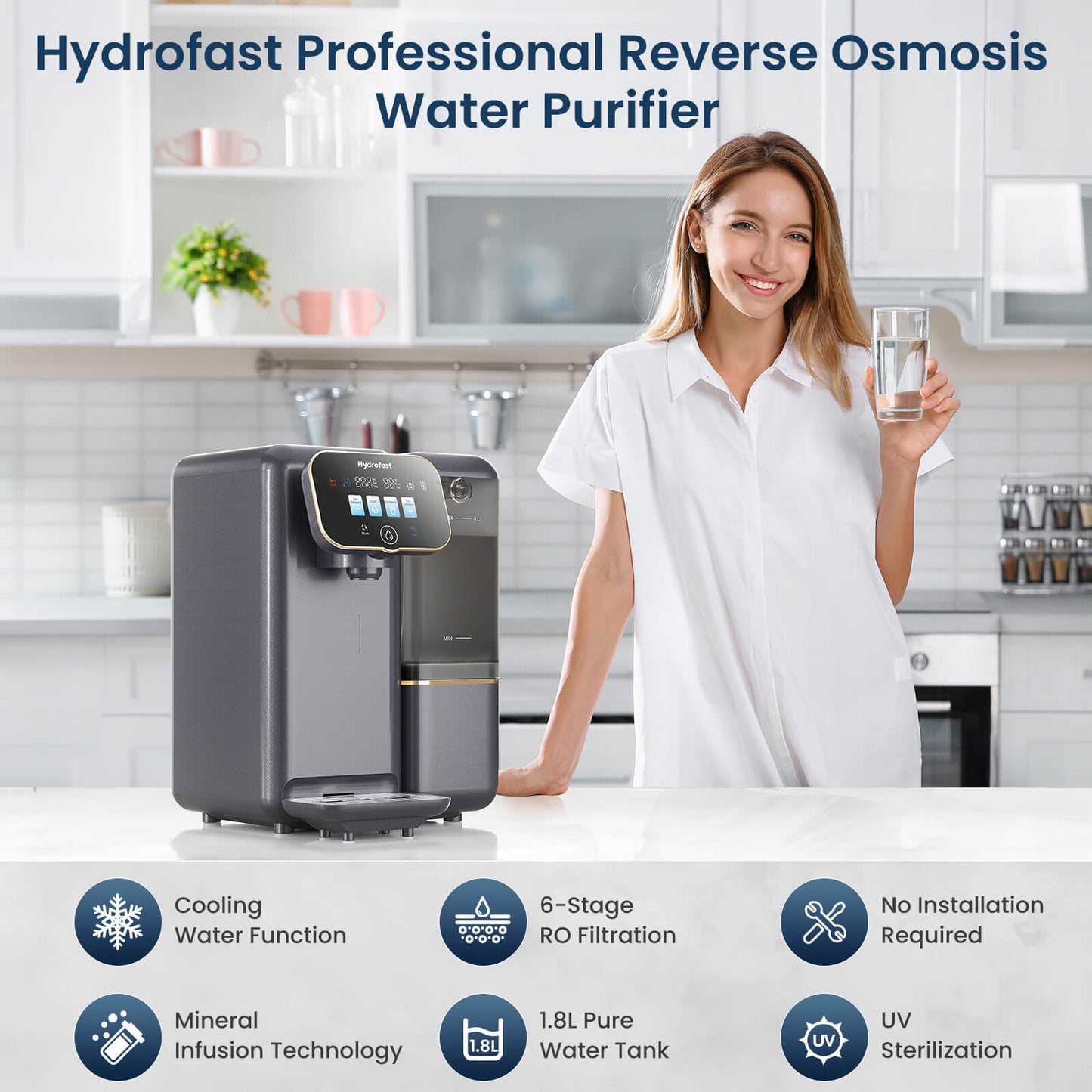 Hydrofast C100 Countertop Water Purifier, Room Temperature & Cold Water, Reverse Osmosis Water Filter for Home, Office