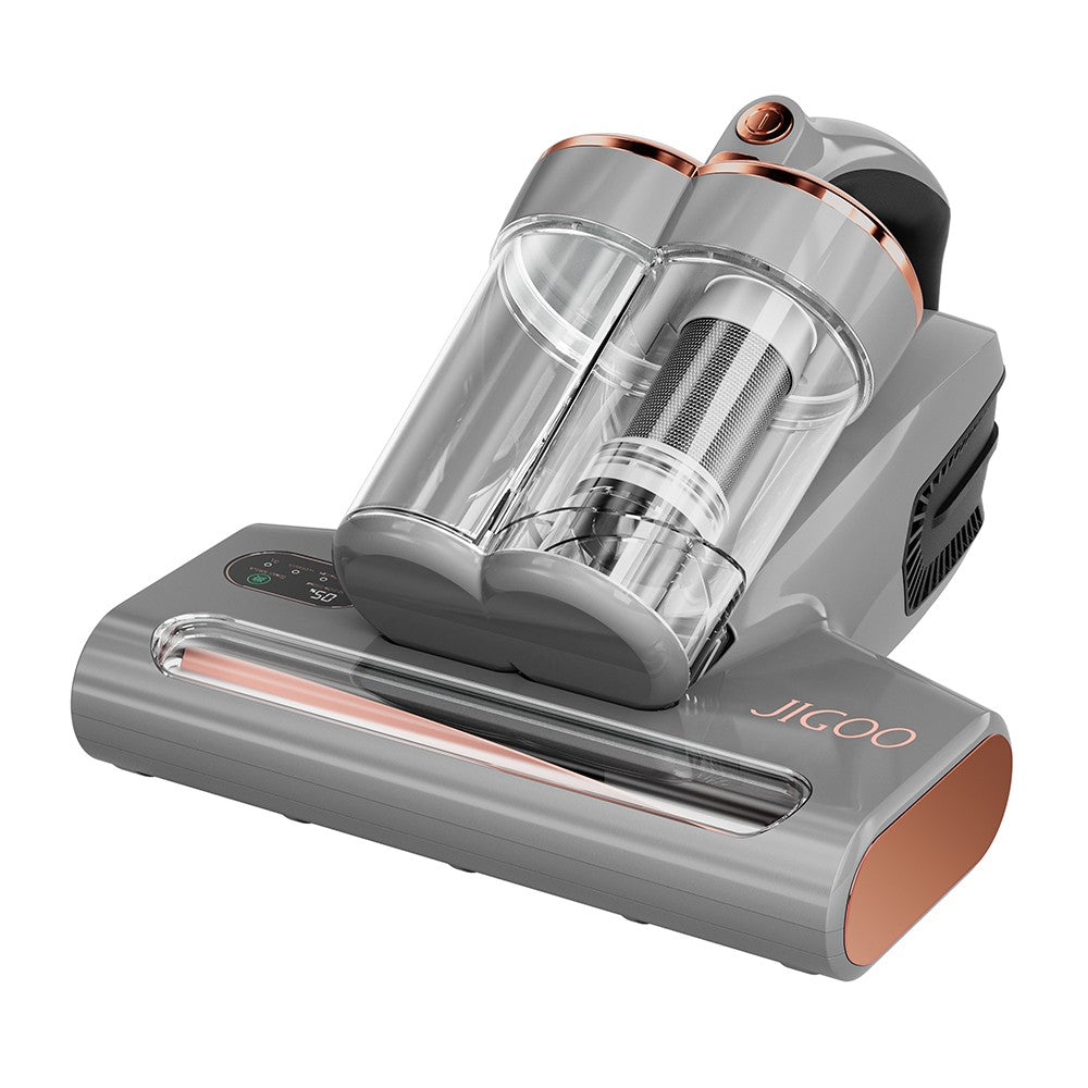 JIGOO S300 Pro Dual-Cup Smart Anti-Mite Cleaner Bed Vacuum Cleaner with Dust Mite Sensor 500W 13KPa Suction Innovative Metal Brushroll UV Light & Ultrasonic Tech Multi-Directional Heating - Grey