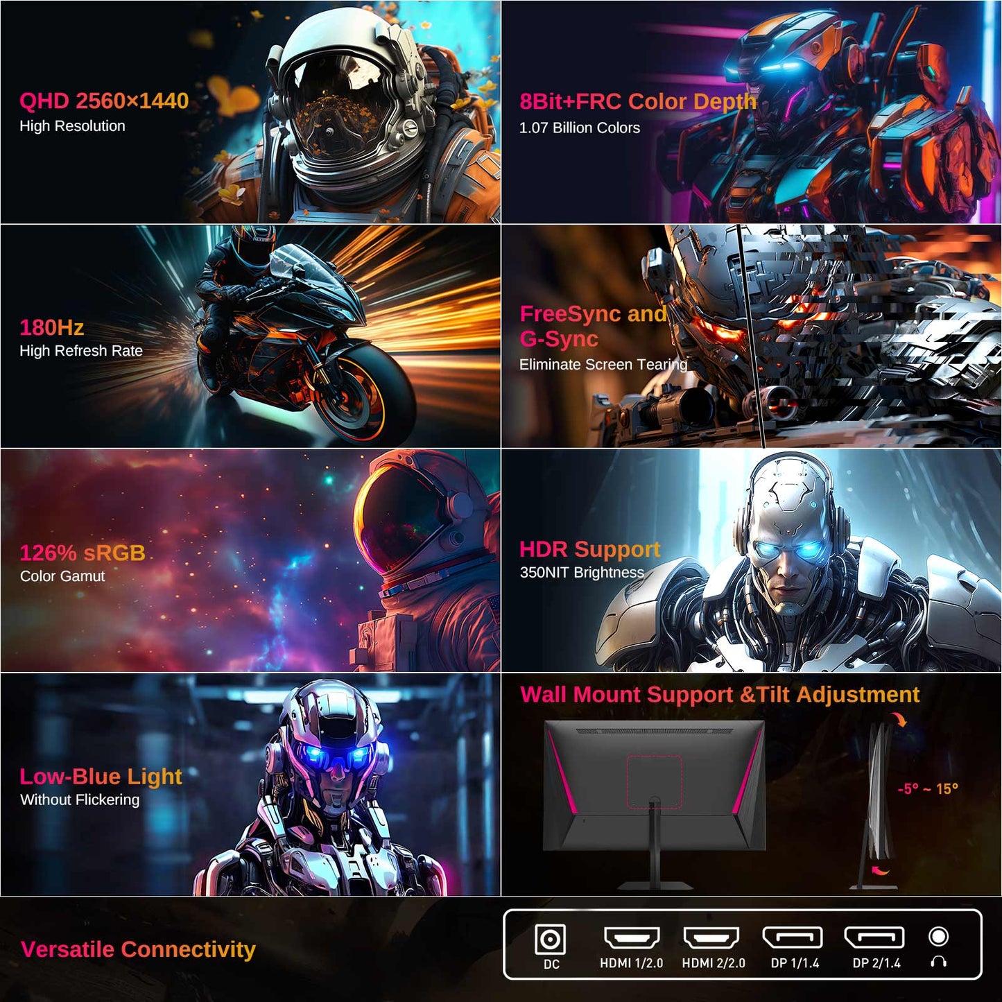 KTC Q24T09 Gaming Monitor, 24-inch 2560*1440 16:9 Fast IPS Screen, 180Hz Refresh Rate, FreeSync & G-Sync, 126% sRGB, HDR Support, Low Blue Light, Wall Mount Support &Tilt Adjustment, 2 x HDMI2.0, 2 x DP1.4, 1 x Earphone Jack