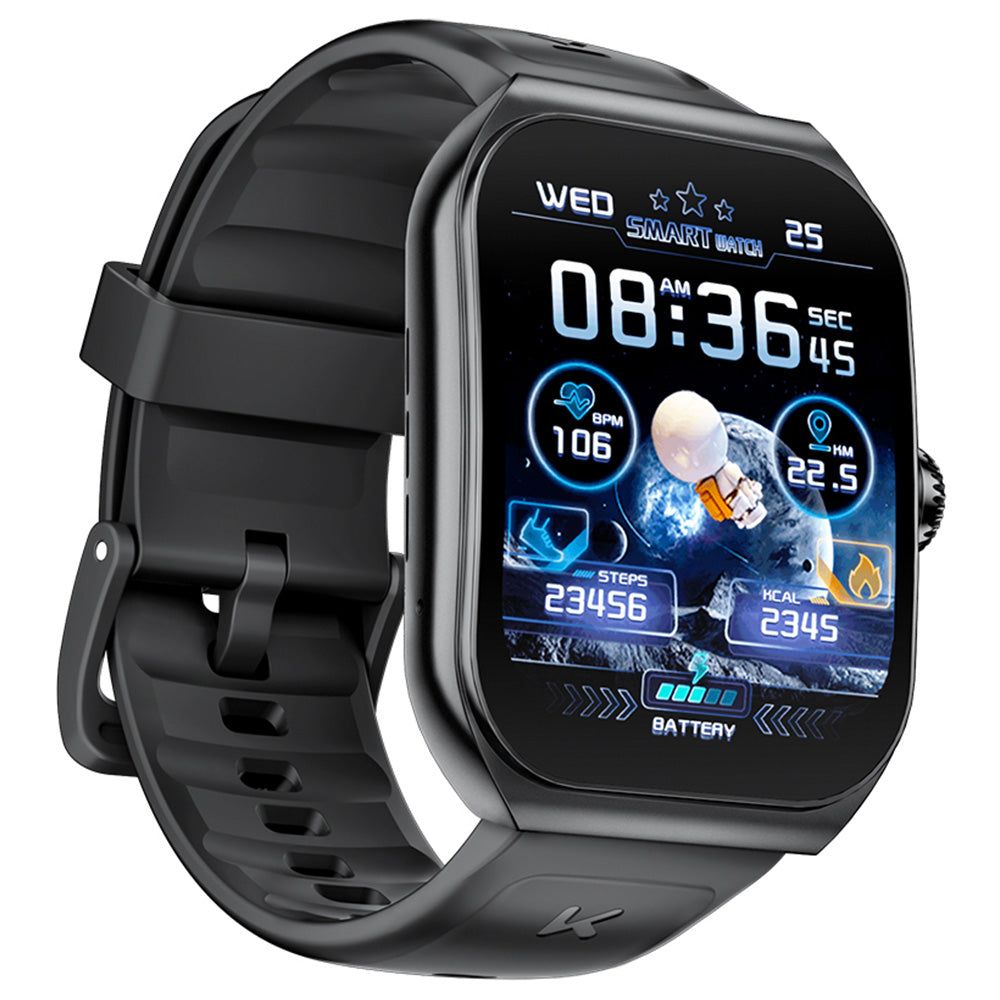 KUMI KU7 Smartwatch, 1.96'' AMOLED Screen, Bluetooth Calling, Health Monitoring, Stock Market Information, 100 Sports Modes - Black