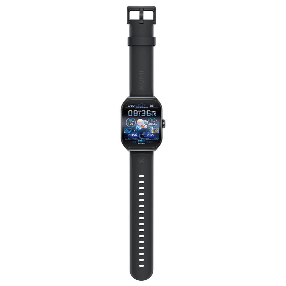 KUMI KU7 Smartwatch, 1.96'' AMOLED Screen, Bluetooth Calling, Health Monitoring, Stock Market Information, 100 Sports Modes - Black