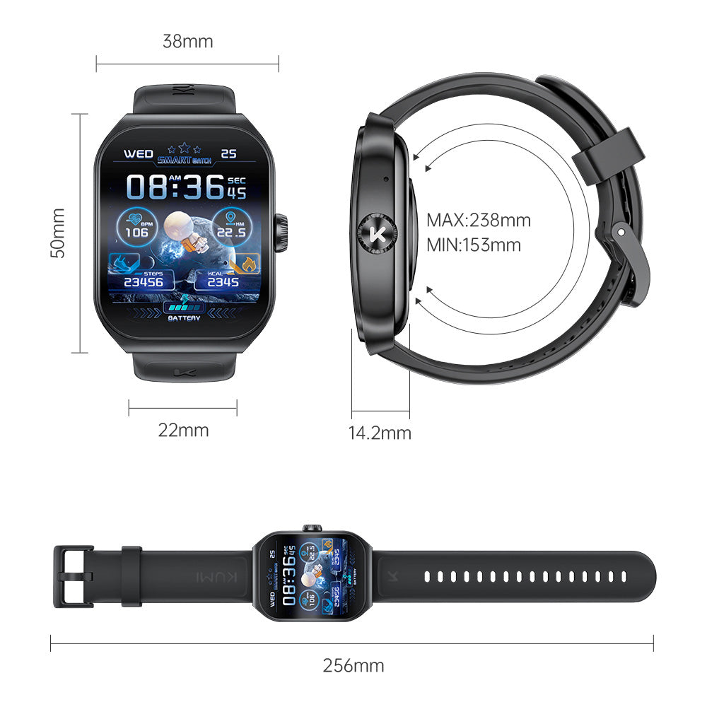 KUMI KU7 Smartwatch, 1.96'' AMOLED Screen, Bluetooth Calling, Health Monitoring, Stock Market Information, 100 Sports Modes - Black