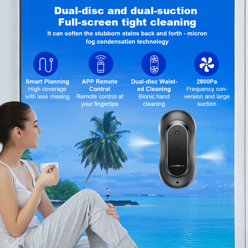 LIECTROUX YW810 Robot Window Cleaner, 2-Way Water Spray, Dry & Wet Mopping, AI Route, Brushless Motor & Fan, APP & Remote Control, Multiple Security Protection Ways, Black