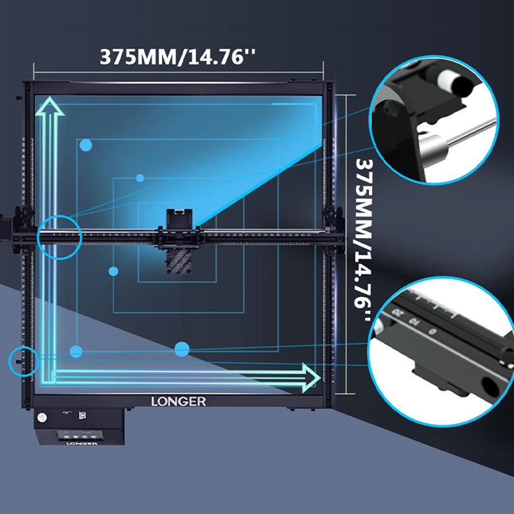 LONGER RAY5 20W Laser Engraver Cutter, Fixed Focus, 0.08*0.1mm Laser Spot, Color Touchscreen, 32-Bit Chipset, Support APP Connection, Working Area 375*375mm