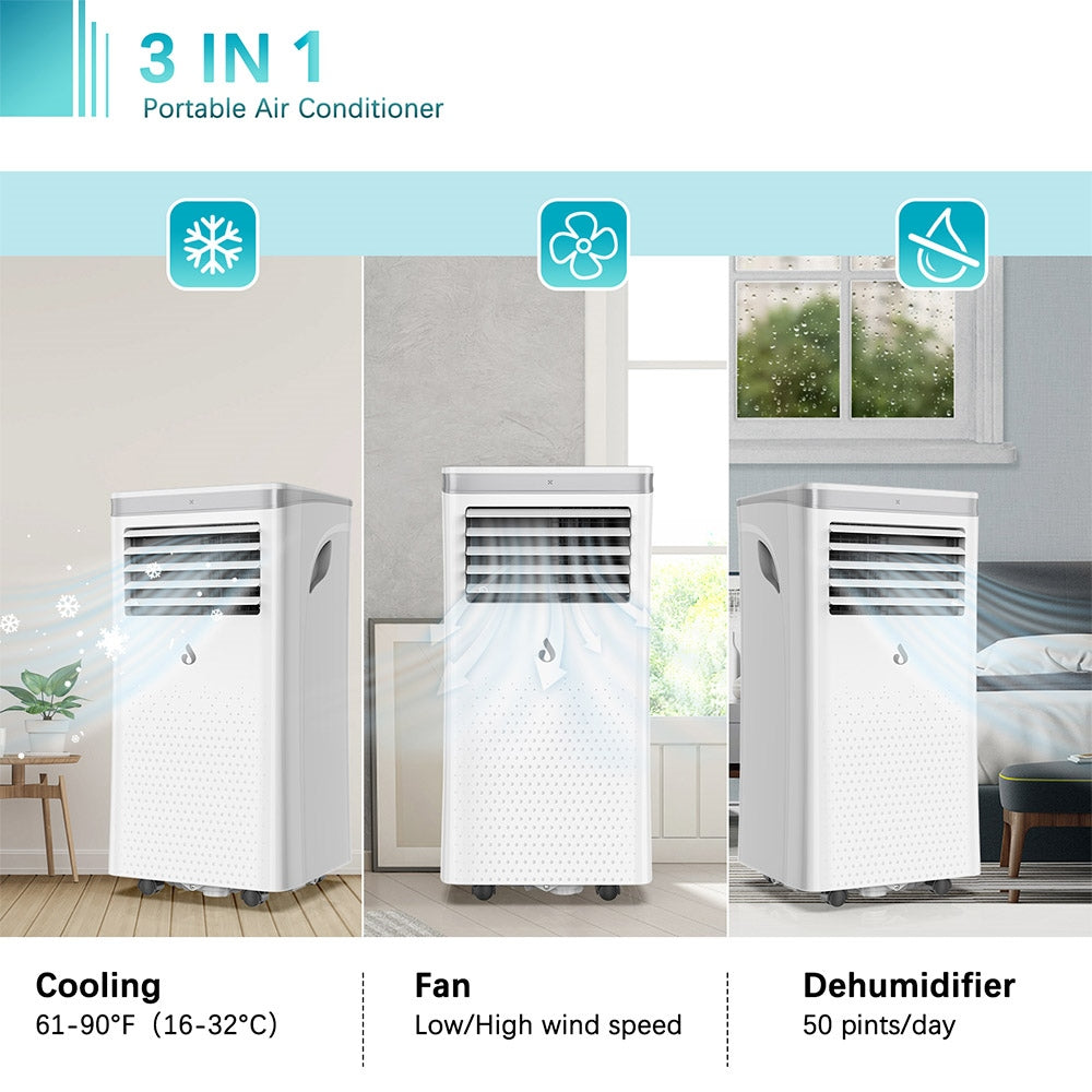 LUKO A011D1-7K 3 in 1 Portable Air Conditioner Dehumidifier, 7000BTU Cooling Capacity, 2 Wind Speeds, 24-Hour Timer, Low Noise, Remote Control