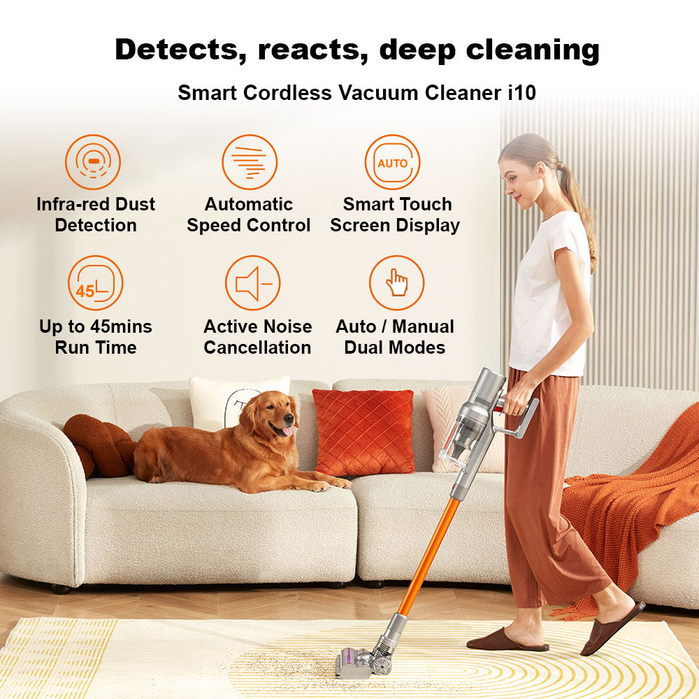 Liectroux i10 Cordless Stick Vacuum Cleaner, Smart Dust Sensing, 250W BLDC, 27kPa Suction, Colorful Touch Screen, LED Front Light, 45mins Runtime, for Carpet, Floor, Car & Pet Hair