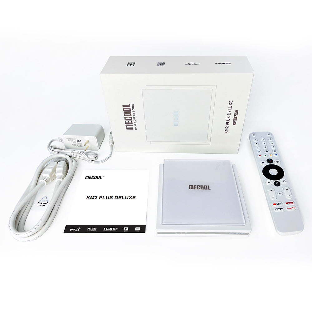MECOOL KM2 PLUS Deluxe TV Box, Android 11, 4K HDR Output, Amlogic S905X4-J Quad Core, 4GB RAM 32GB ROM, WiFi 6 Bluetooth 5.0, Dolby Vision & Dolby Atmos, 2*USB 2.0 1*HDMI 1*AV 1*LAN 1*TF Card Slot 1*SPDIF Optical 1*Earphone Port - EU Plug