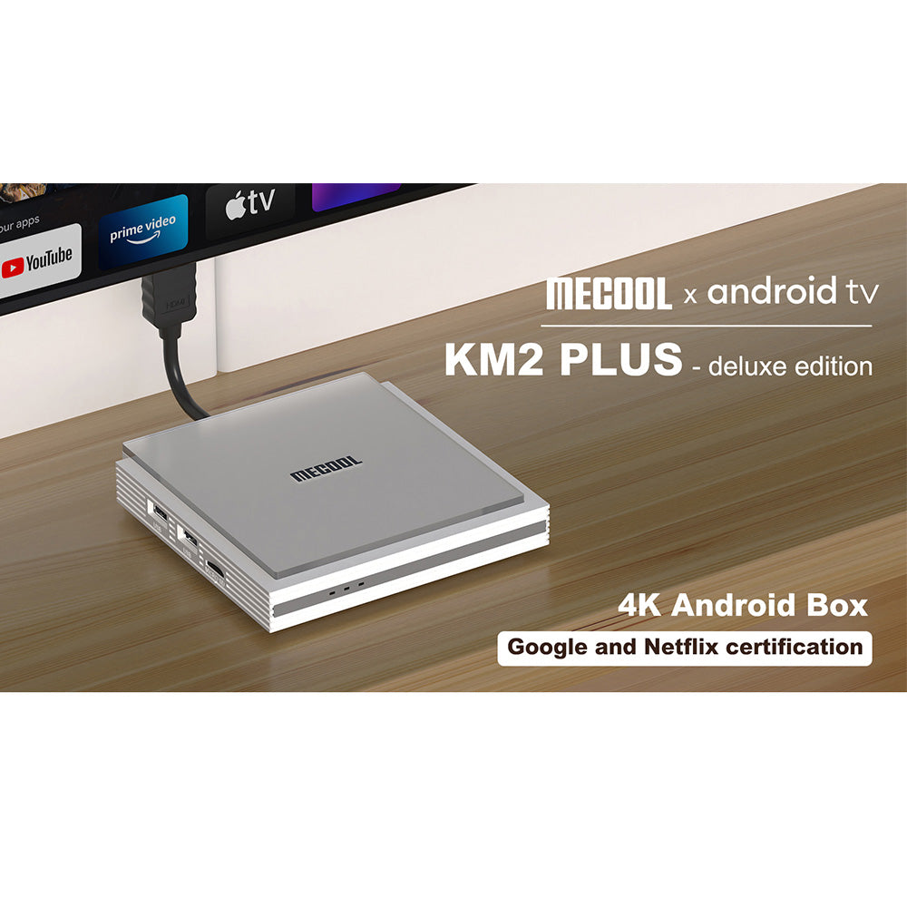 MECOOL KM2 PLUS Deluxe TV Box, Android 11, 4K HDR Output, Amlogic S905X4-J Quad Core, 4GB RAM 32GB ROM, WiFi 6 Bluetooth 5.0, Dolby Vision & Dolby Atmos, 2*USB 2.0 1*HDMI 1*AV 1*LAN 1*TF Card Slot 1*SPDIF Optical 1*Earphone Port - EU Plug