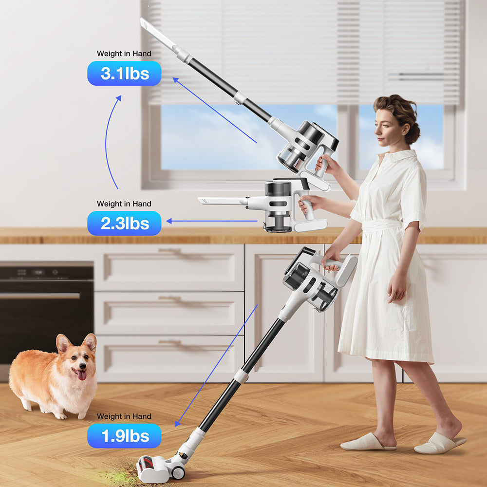 MOOSOO S5 Mate Cordless Stick Vacuum Cleaner, 20kPa Powerful Suction, 55min Runtime, 1L Dustbin, Green LED Technology, Rechargeable for Effortless Home Cleaning Hardwood, Carpets & Pet Hair