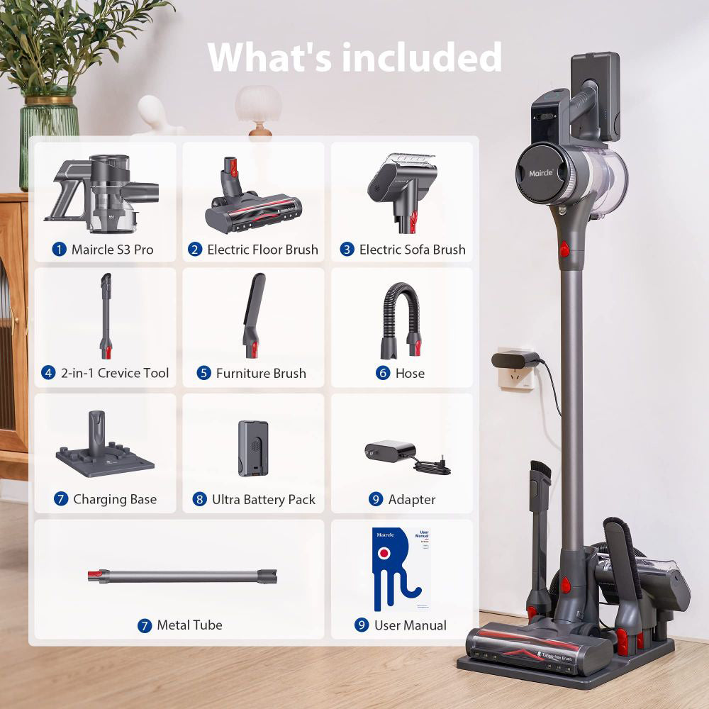 Maircle S3 Pro Cordless Vacuum Cleaner, with Store and Charge 2-in-1 Dock, 70min Runtime, 35kPa Power Suction, Green LED Headlight, for Hard Floors, Carpet and Pet Hair
