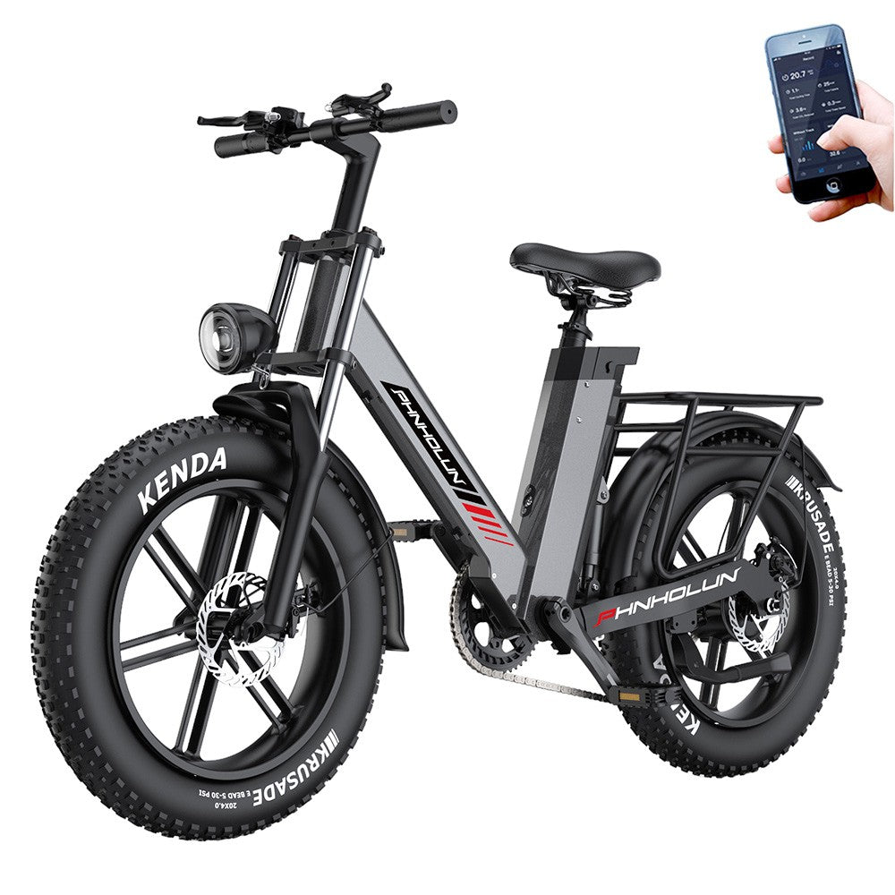 PHNHOLUN C6 Pro Electric Bike 20*4.0 inch All-terrain Fat Tire 1000W Motor 60km/h Max Speed 48V 17Ah Detachable Battery 80km Range Fully suspension Shimano 7-speeds Integrated LCD screen support APP