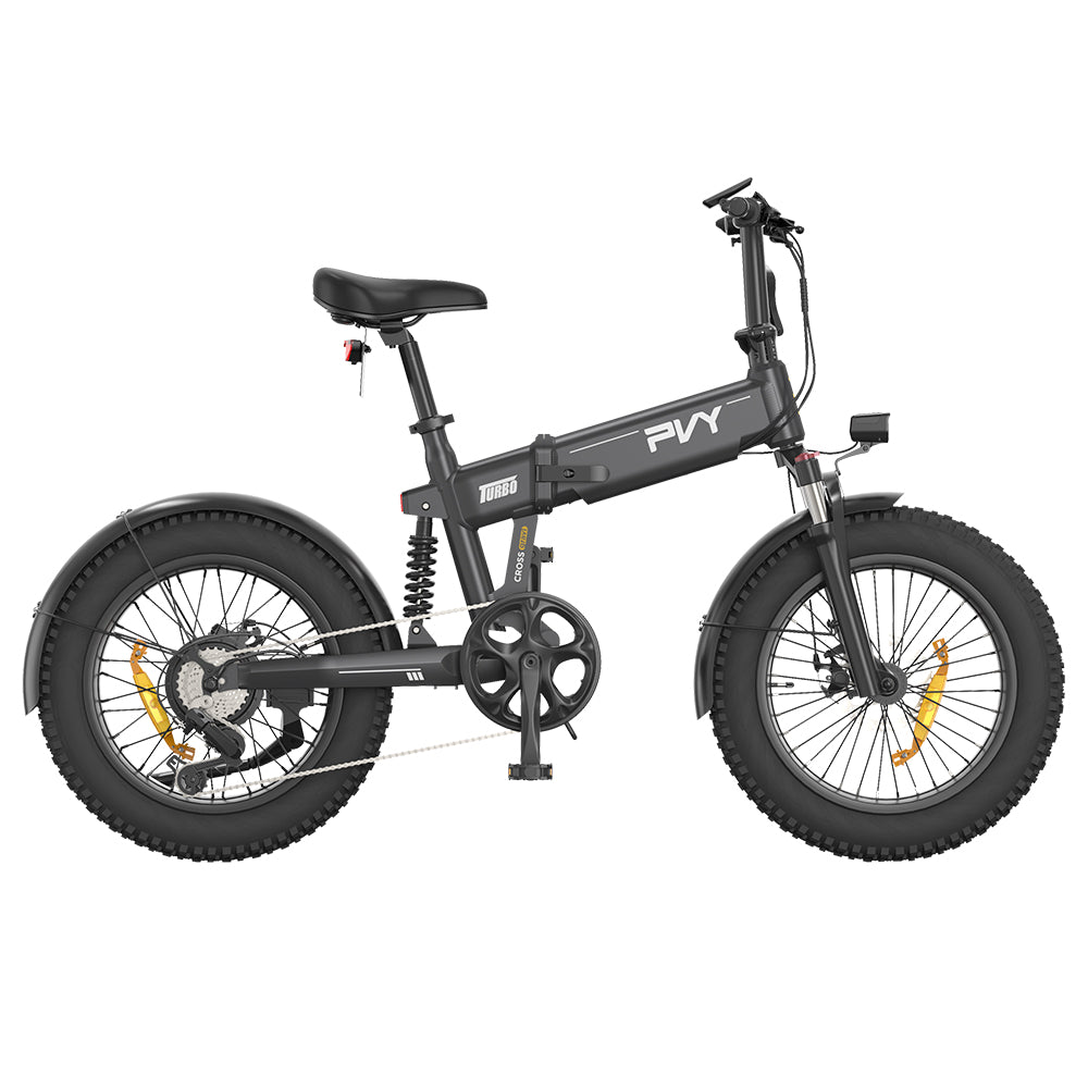 PVY Turbo Electric Bike 250W Motor 48V 13Ah Battery 20*4.0 inch Fat Tires 25km/h Max Speed 100km Range Shimano 7-Speed Mechanical Disc Brake, Front Suspension Fork & Rear Mechanical Shock Absorber