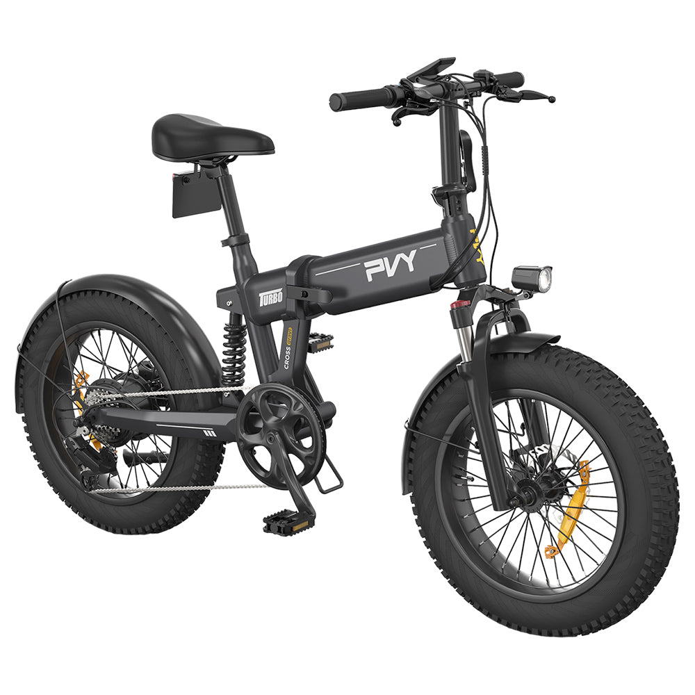 PVY Turbo Electric Bike 250W Motor 48V 13Ah Battery 20*4.0 inch Fat Tires 25km/h Max Speed 100km Range Shimano 7-Speed Mechanical Disc Brake, Front Suspension Fork & Rear Mechanical Shock Absorber