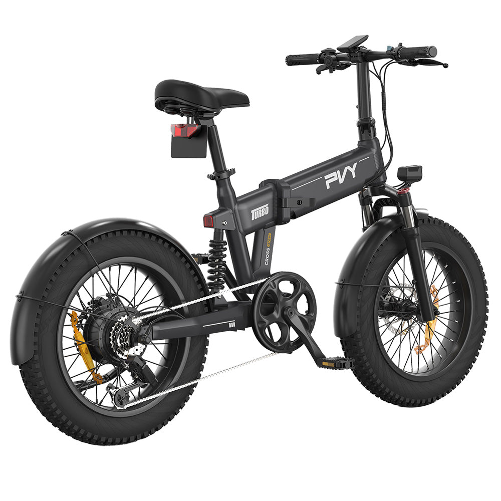 PVY Turbo Electric Bike 250W Motor 48V 13Ah Battery 20*4.0 inch Fat Tires 25km/h Max Speed 100km Range Shimano 7-Speed Mechanical Disc Brake, Front Suspension Fork & Rear Mechanical Shock Absorber