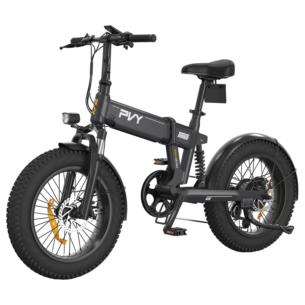 PVY Turbo Electric Bike 250W Motor 48V 13Ah Battery 20*4.0 inch Fat Tires 25km/h Max Speed 100km Range Shimano 7-Speed Mechanical Disc Brake, Front Suspension Fork & Rear Mechanical Shock Absorber