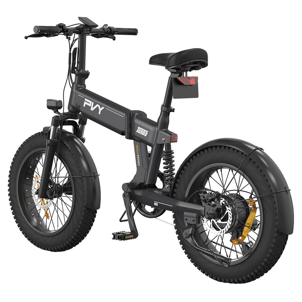 PVY Turbo Electric Bike 250W Motor 48V 13Ah Battery 20*4.0 inch Fat Tires 25km/h Max Speed 100km Range Shimano 7-Speed Mechanical Disc Brake, Front Suspension Fork & Rear Mechanical Shock Absorber