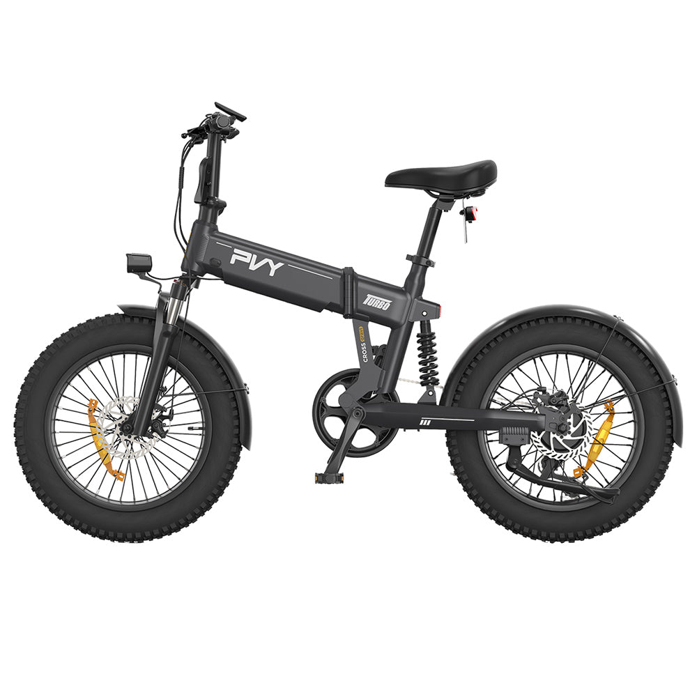PVY Turbo Electric Bike 250W Motor 48V 13Ah Battery 20*4.0 inch Fat Tires 25km/h Max Speed 100km Range Shimano 7-Speed Mechanical Disc Brake, Front Suspension Fork & Rear Mechanical Shock Absorber
