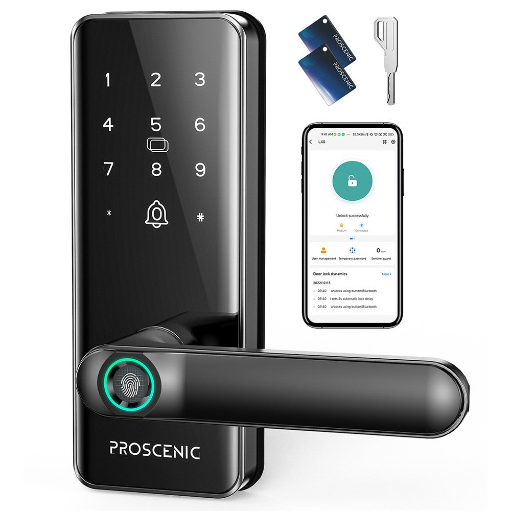 Proscenic L40 Smart Lock, Keyless Entry Door Lock with Handle, Keypads, Fingerprint, Smart App & Voice Control, Anti-Peep, Log Record