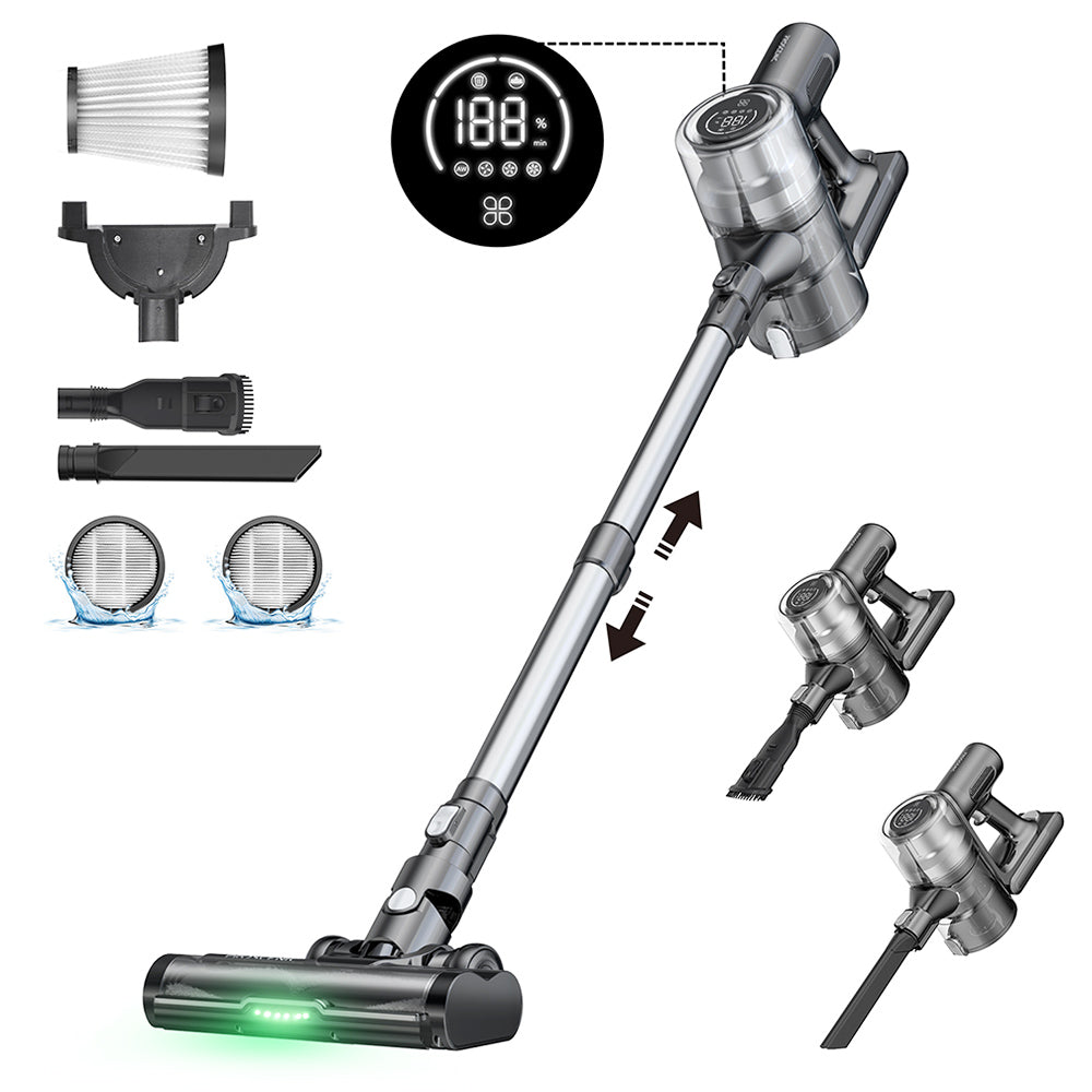 Proscenic P13 Cordless Vacuum Cleaner, 35Kpa Suction, Stick Vacuum with Green Light, LED Display, Max 45mins Runtime, 1.2L Dustbin, Anti-tangle Roller Brush, 5-layer Filtration System, for Pet Hair, Hard Floor & Carpet, Gray