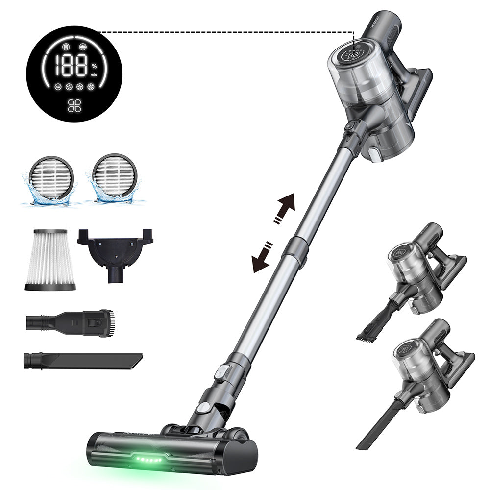 Proscenic P13 Cordless Vacuum Cleaner, 35Kpa Suction, Stick Vacuum with Green Light, LED Display, Max 45mins Runtime, 1.2L Dustbin, Anti-tangle Roller Brush, 5-layer Filtration System, for Pet Hair, Hard Floor & Carpet, Gray