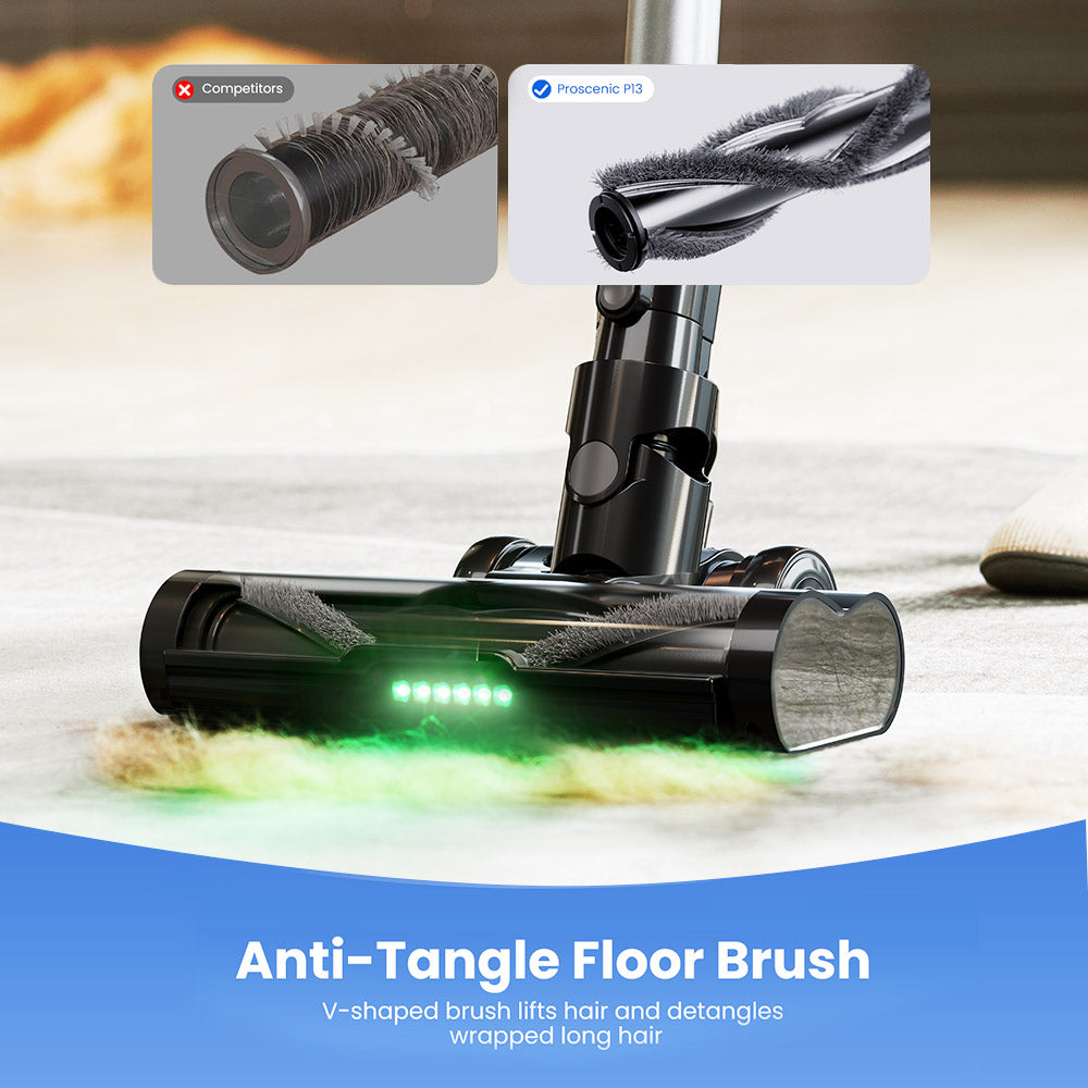 Proscenic P13 Cordless Vacuum Cleaner, 35Kpa Suction, Stick Vacuum with Green Light, LED Display, Max 45mins Runtime, 1.2L Dustbin, Anti-tangle Roller Brush, 5-layer Filtration System, for Pet Hair, Hard Floor & Carpet, Gray
