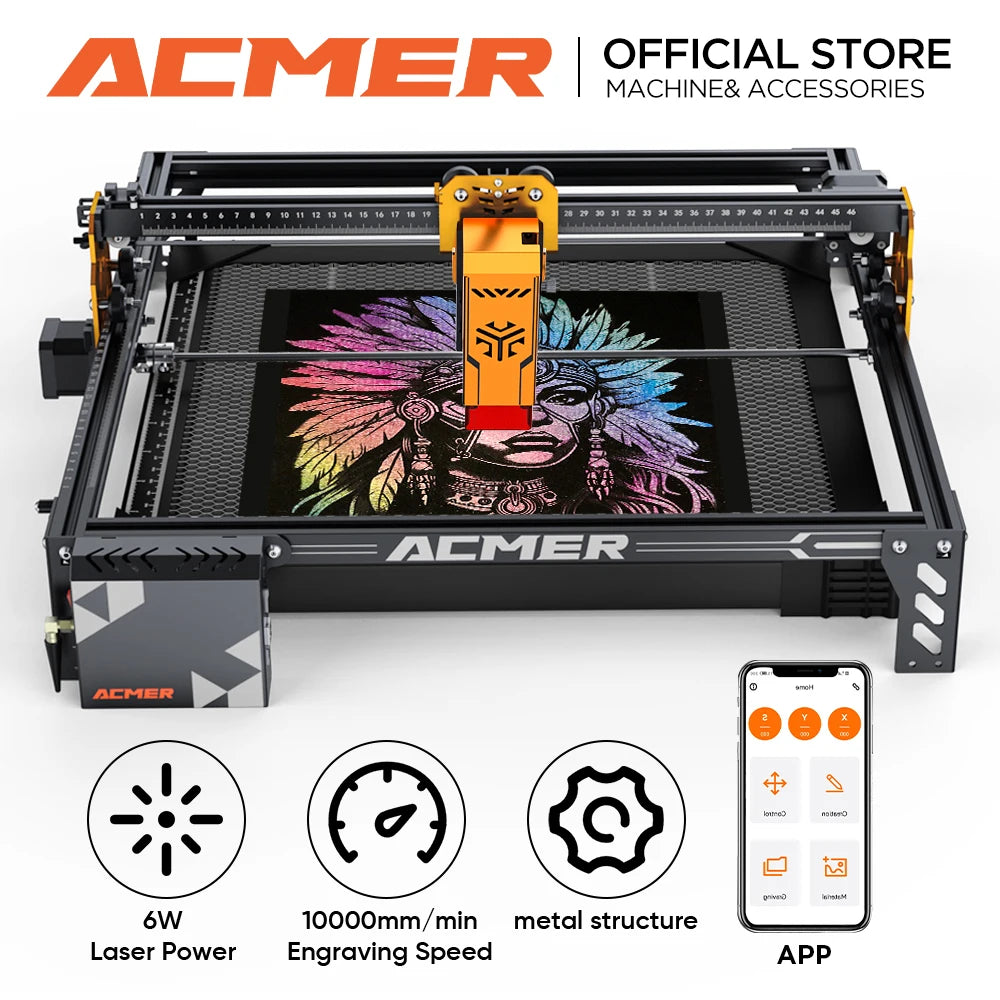 Laserový rezací stroj ACMER P1 S pro 6W s WIFI APP 72W laserový rezací stroj pre drevoobrábací gravírovací stroj na akrylové drevené panely