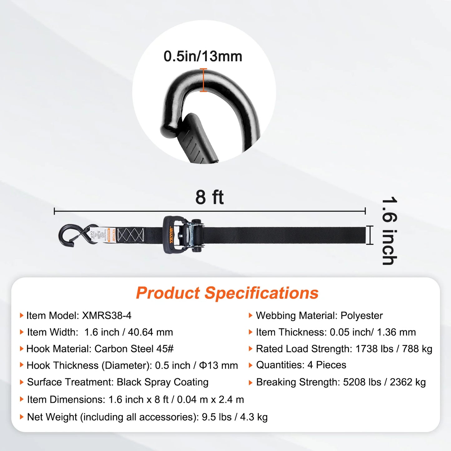 VEVOR 4ks Uväzovacie popruhy s račňou prívesu s polstrovanými rukoväťami Hák Brzda Viazací pás na pohyb Zabezpečenie nákladného motocykla