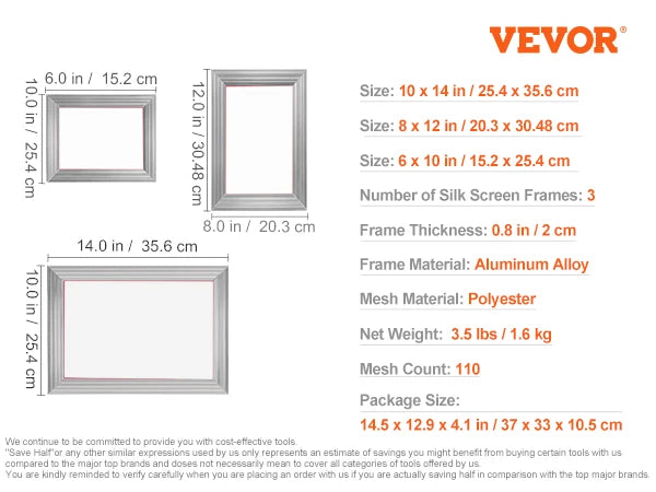 Sada sieťotlače VEVOR 2/3 kusy hliníkových rámov na sieťotlač, 110 sieťových 5 glitrov a sieťotlač