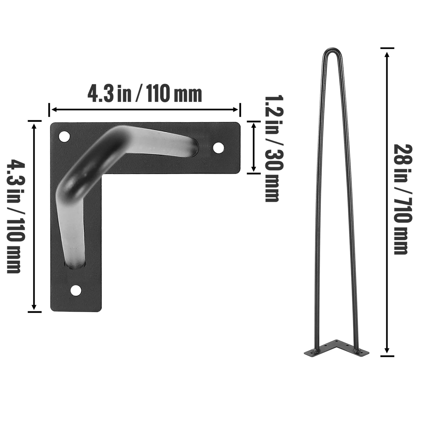 VEVOR 16-palcové vlásenkové nábytkové nohy 4ks čierne 500 libier Kovové odolné, robustné moderné nohy stola pre nočný stolík konferenčný stolík