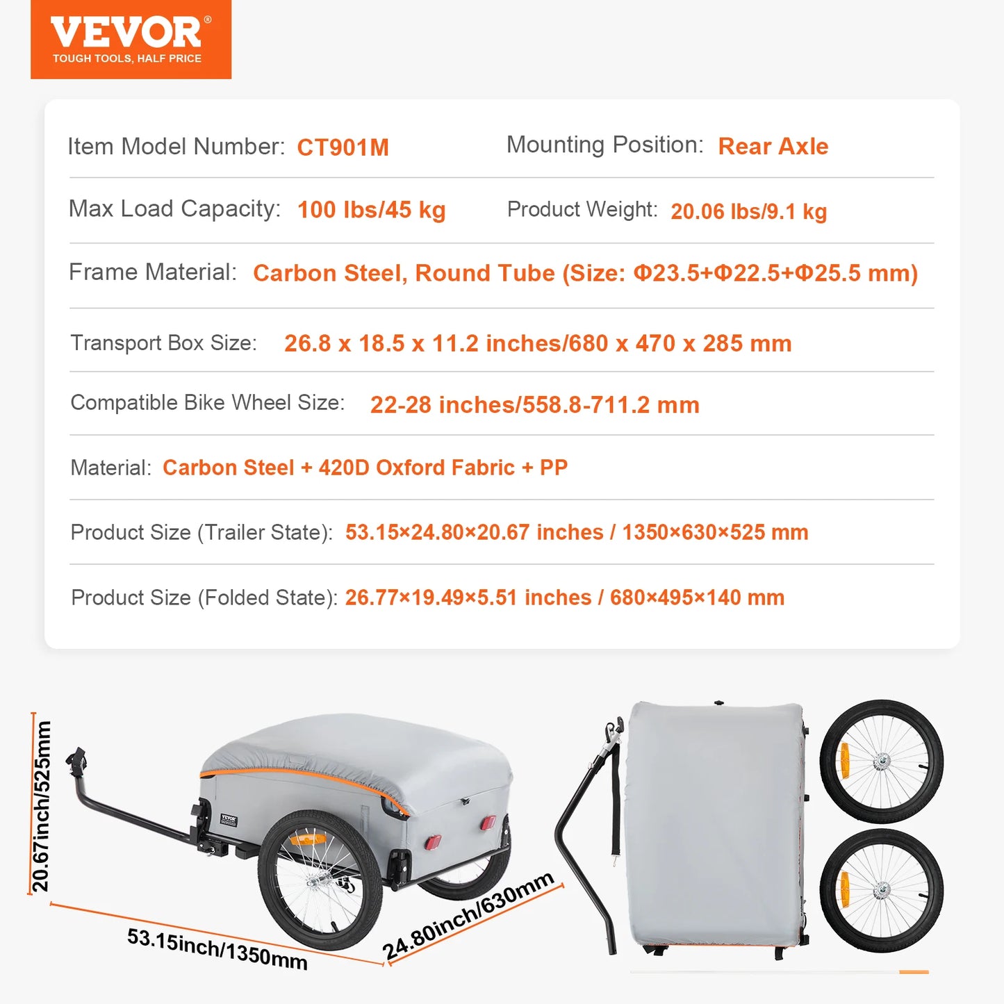 VEVOR 100 lbs Bike Cargo Trailer Skladací vozík na bicykle s vodotesným krytom a bezpečnými odrazkami Vhodné pre 22"-28" koleso bicykla