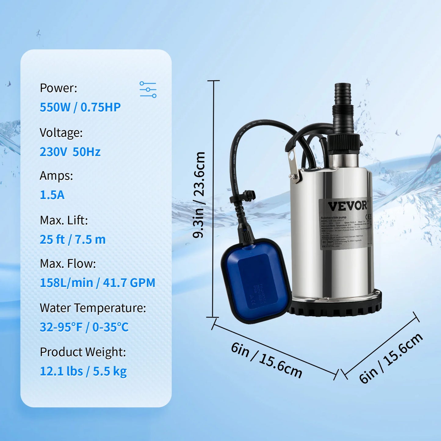 VEVOR Kalové čerpadlo ponorné kalové čerpadlo Čerpadlo na čistú vodu 550W - 2200W na čerpanie vody z bazénov, pivníc, víriviek