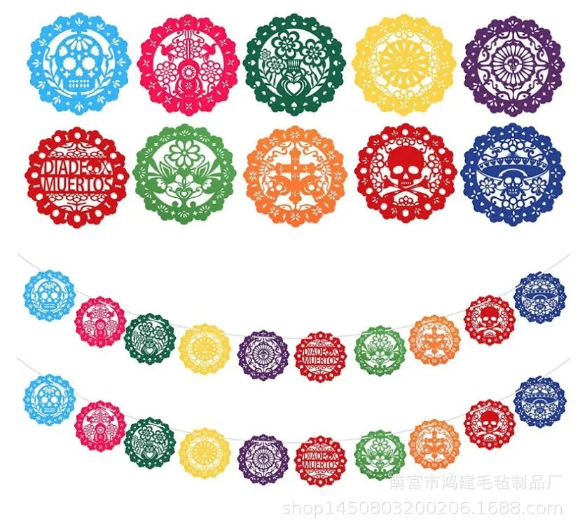 Fiesta Mexico Pull Flag Téma Pinata Karnevalová párty Banner Plsť Deň mŕtvych Farebné duté svadobné dekorácie