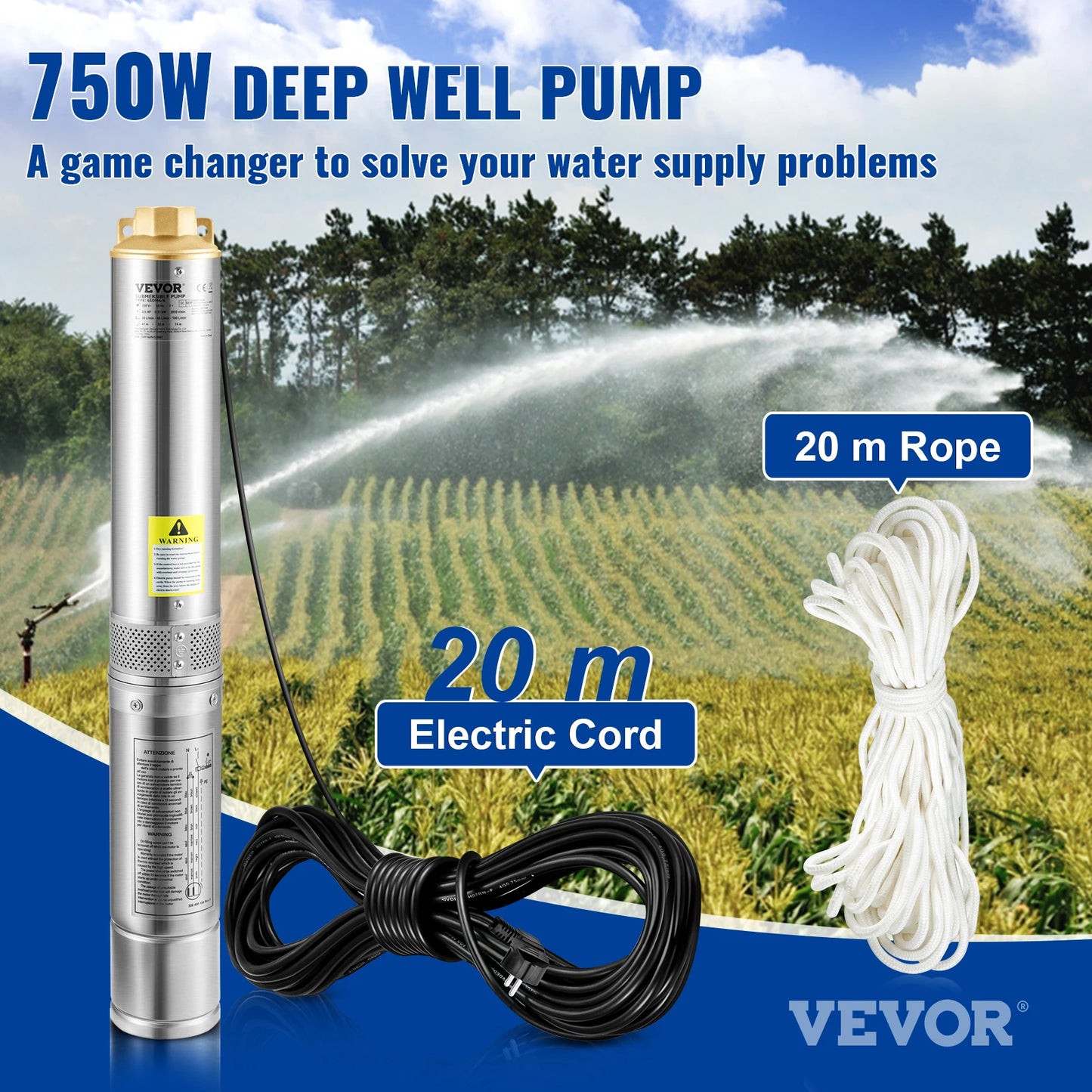 VEVOR ponorné čerpadlo do hlbokých studní 750 W 20 m elektrický kábel 7,6 cm vodné čerpadlá z nehrdzavejúcej ocele na priemyselné zavlažovanie a domáce použitie