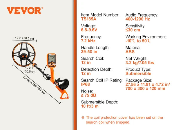 Profesionálny nabíjateľný detektor kovov VEVOR 12" IP68 vodotesná cievka 39-50 palcov nastaviteľná s LCD 7 režimov pre hľadanie pokladu