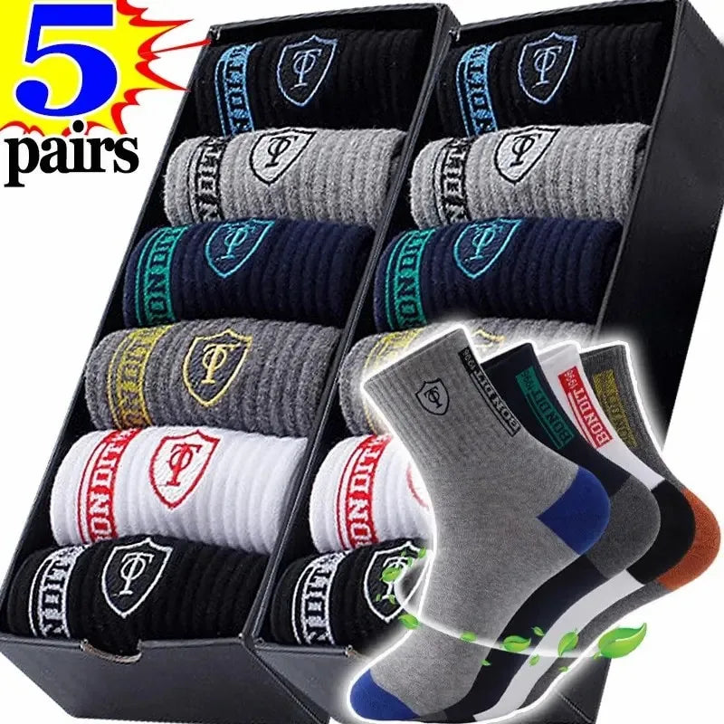 5 párov priedušné bavlnené športové pančuchy Muži bambusové vlákno jeseň a zima pánske ponožky absorpcia potu dezodorant Business Sox