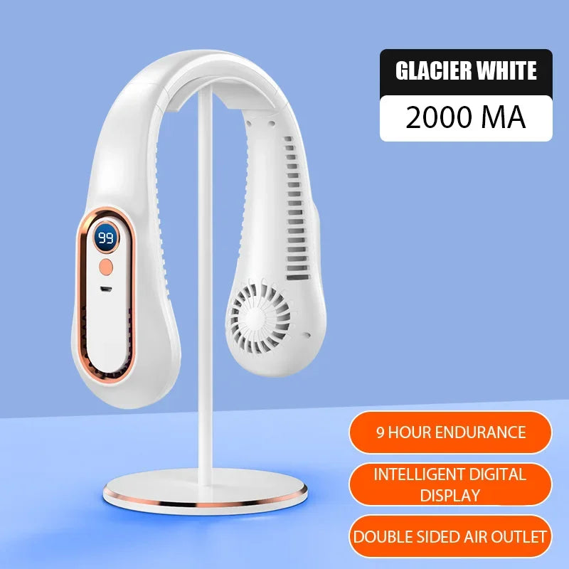 Ventilátor bez čeľuste na krk Mini Ultra Long Life Prenosný Lenivý Tichý Ventilátor Nabíjanie cez USB Študent Športová kancelária Digitálny displej Výkon 5 prevodov