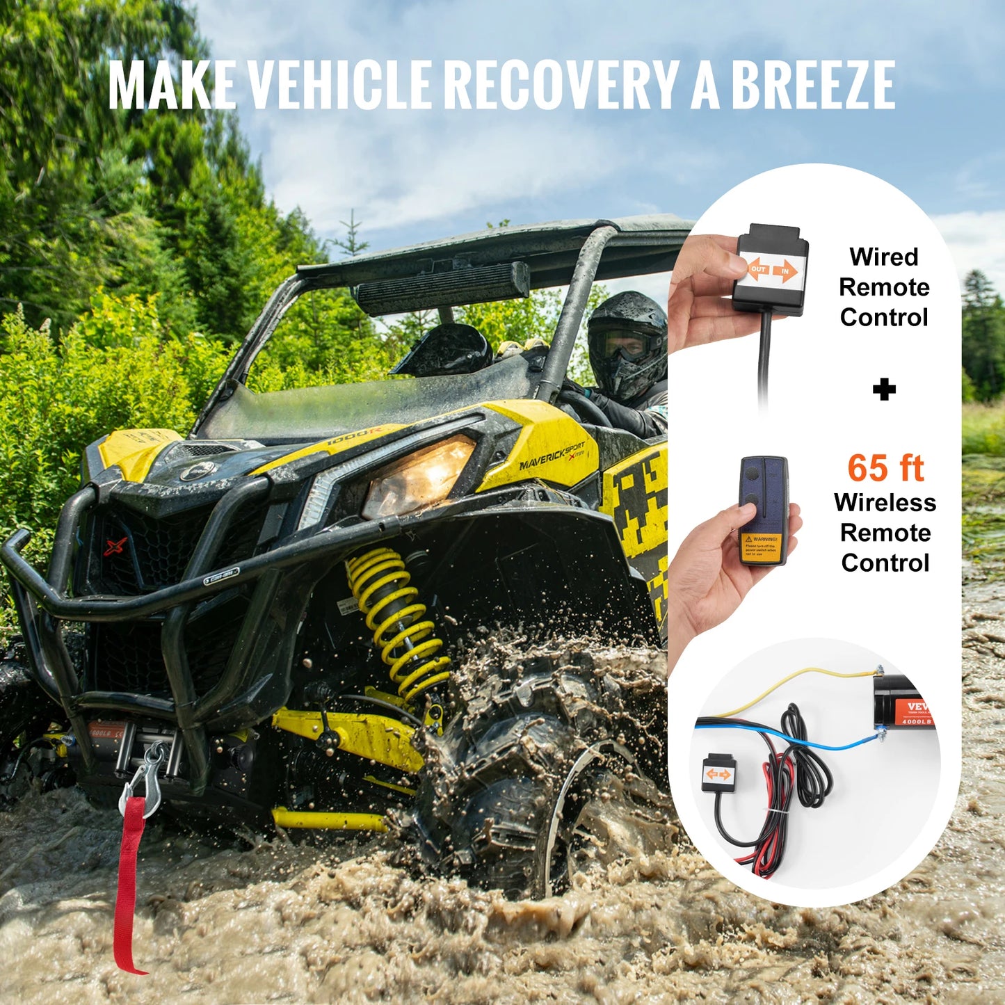 Elektrický navijak VEVOR 4000 libier s 39 stopovým 7 prameňovým oceľovým káblom Bezdrôtové a káblové diaľkové ovládanie ATV/UTV navijak na ťahanie nákladných vozidiel