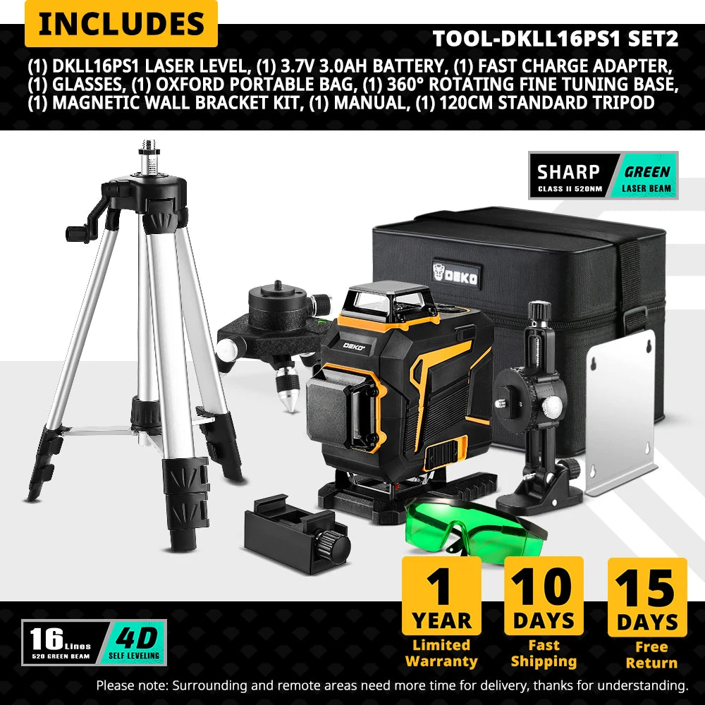 DEKO 4D 16-riadkový samonivelačný laserový nivelačný prístroj 360 horizontálny a vertikálny krížový zelený laserový lúč so statívovým elektrickým náradím