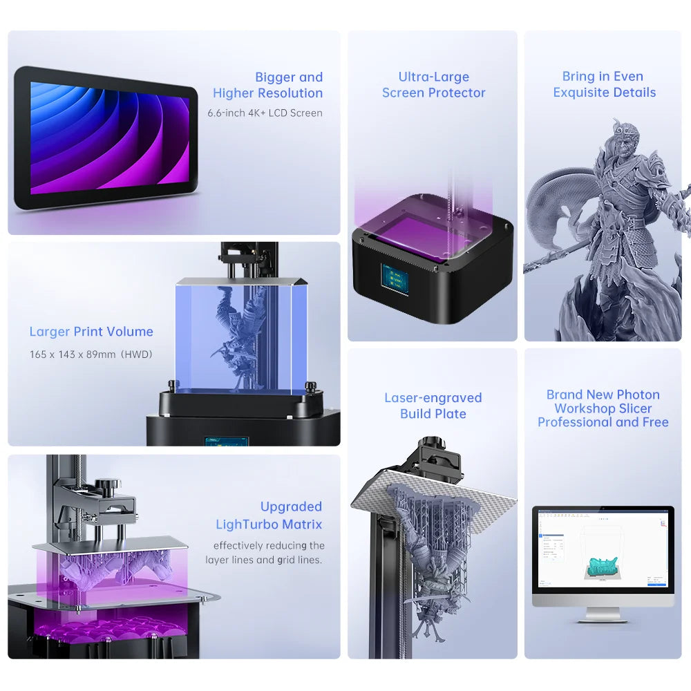 ANYCUBIC Photon Mono 2 LCD UV živicová 3D tlačiareň Vysokorýchlostná 3D tlač 6,6" 4K+ čiernobiela obrazovka 165*143*89mm Veľkosť tlače
