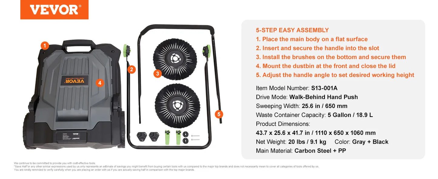 VEVOR Pochôdzny ručný zametač na podlahu 25,6" Zametač na podlahu so šírkou zametania 5 galónových nádob na odpad Nastaviteľný uhol a výška