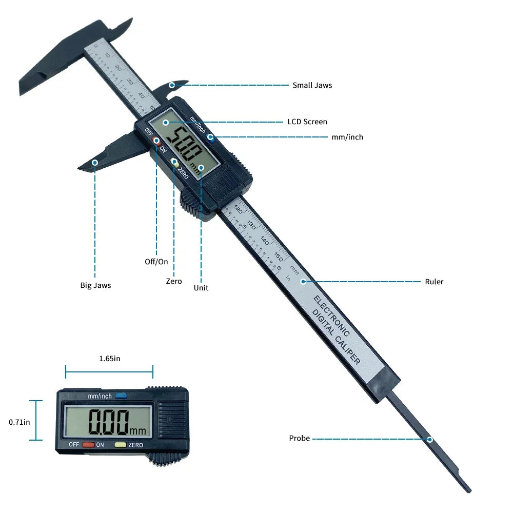 150 mm 100 mm Elektronické digitálne posuvné meradlo Číselník z uhlíkových vlákien Vernier Posuvné meradlo Mikrometer Merací nástroj Digitálne pravítko